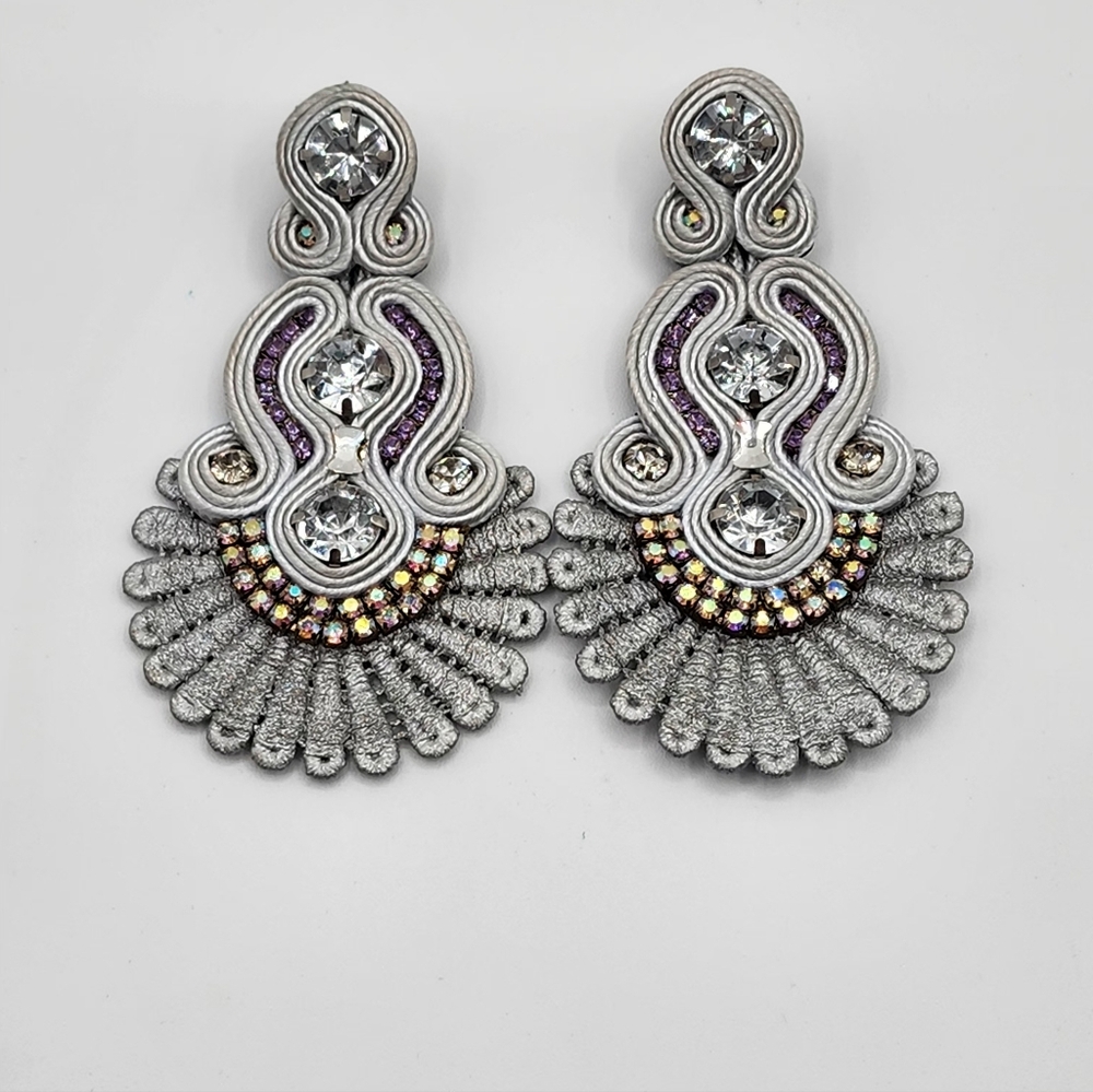 Silver Lace With Purple And AB Rhinestone Statement Earrings - Picture 2 of 11